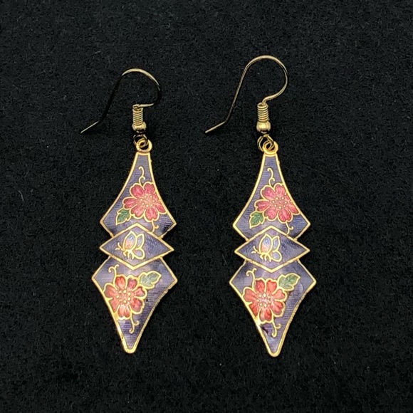 Vintage Cloisonné Earrings Butterflies and Flowers - Picture 3 of 5